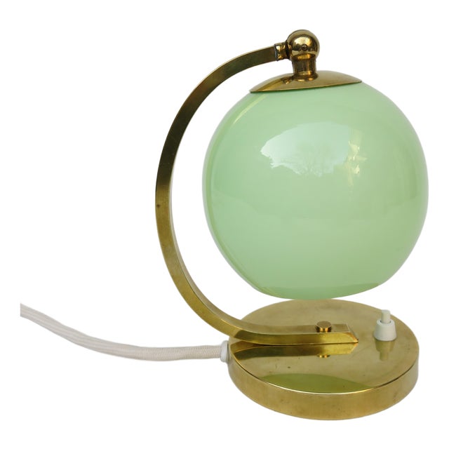 Art Deco Bedside Lamp in Brass with Green Cased Glass Shade, 1920s For Sale