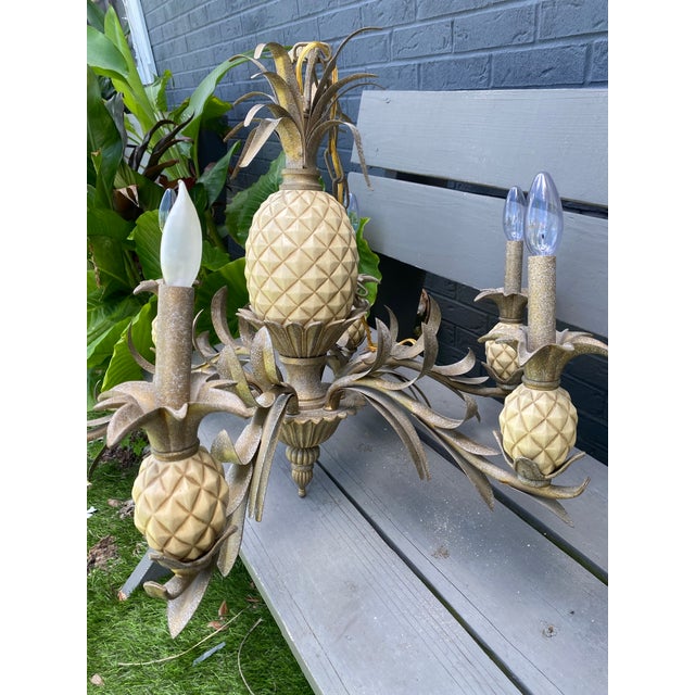 Almond Vintage 1980s Quoizel Pineapple Tole Chandelier, Featuring a Large Central Ceramic Pineapple For Sale - Image 8 of 12