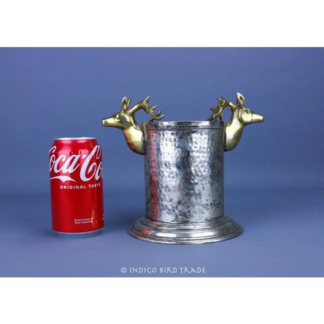 Vintage Wine Coaster Holder Hammered Silver Metal and Brass Deer Head Handles For Sale - Image 9 of 9