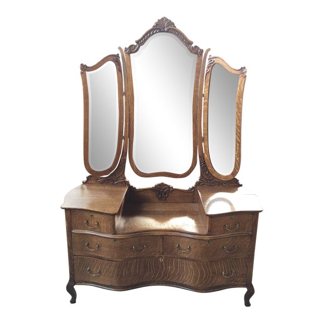 Antique Tiger Oak Dresser With TriFold Mirror Chairish