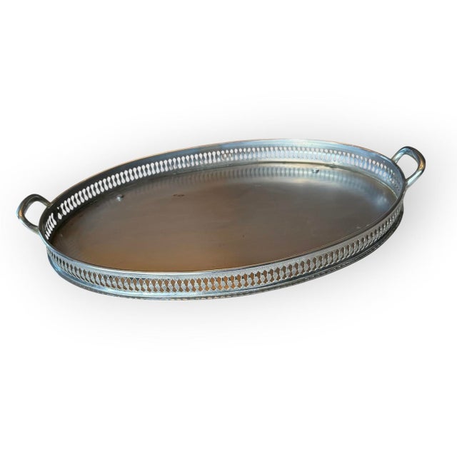 Vintage Silver-Tone Oval Pierced Gallery Tray With Handles and Feet For Sale - Image 6 of 11