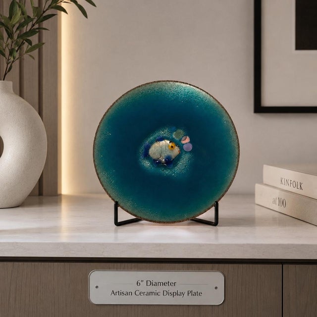 A signed mid-century enamel on copper bowl by artist Sally de Paoli, featuring a charming fish motif against a vibrant...