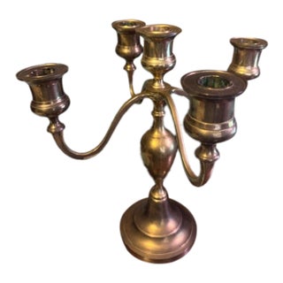 Vintage Brass 5‑Arm Candelabrum – Made in India, Mid‑20th Century For Sale