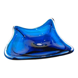 Large Stingray Glass Centerpiece Bowl 21" Oversize Blue Nautical Coastal Decor For Sale