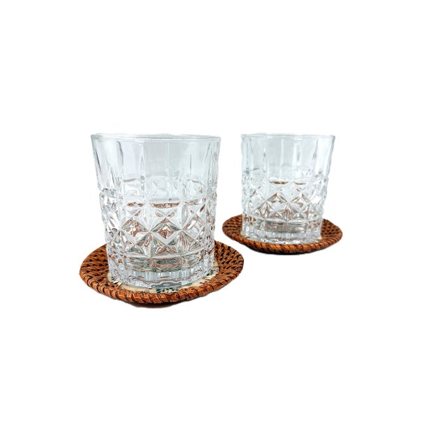 Asian Modern Bat Trang Vietnamese Rattan & Ceramic Coasters With Hand Painted Floral Motif - Set of 6 For Sale - Image 9 of 9