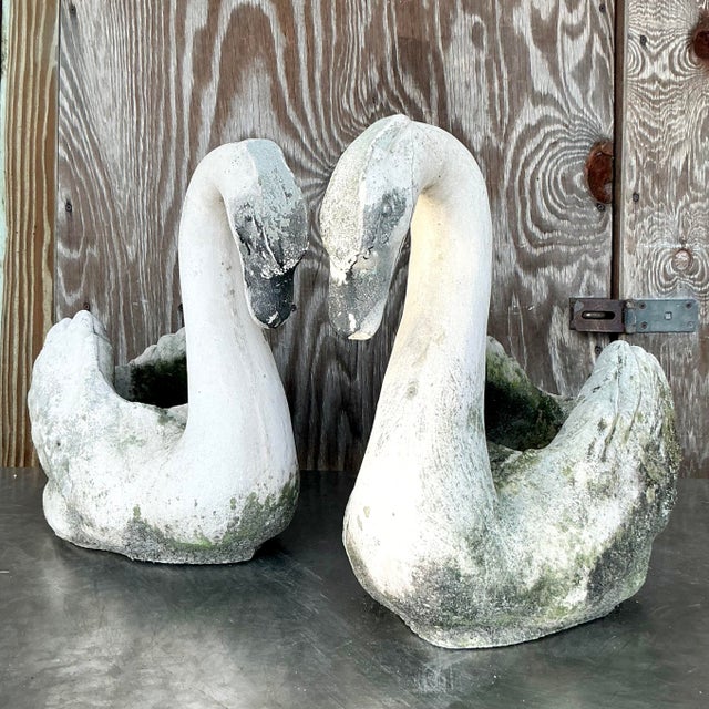 White Vintage Coastal Patinated Cast Concrete Swans - a Pair For Sale - Image 8 of 9