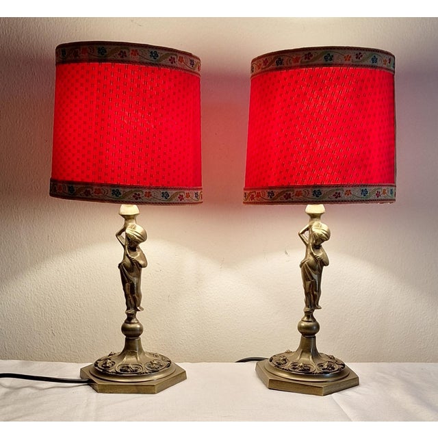 Vintage Table Lamps with Figurative Brass Base and Handmade Fabric Shade, 1960s, Set of 2 For Sale - Image 12 of 12