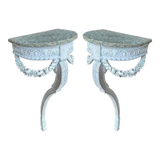 19th-C. French Lymed Marble Top Console Tables W/ Carved Barbola Swags -Pair For Sale