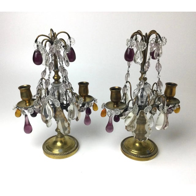 Traditional Early 20th Century Clear Amethyst & Amber Crystal Girandole Candelabras - A Pair For Sale - Image 3 of 10