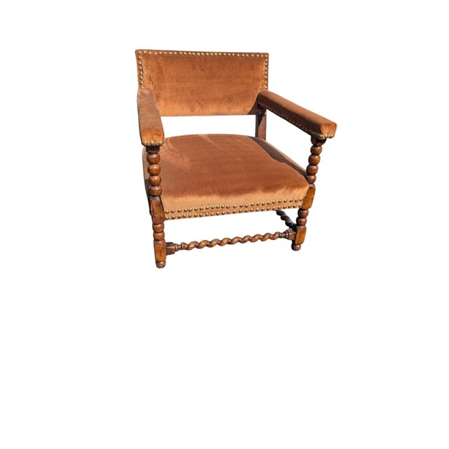 1980s 1980s Brown Velvet Armchair With Nailhead Trim Wooden Frame Accent Chair For Sale - Image 5 of 5