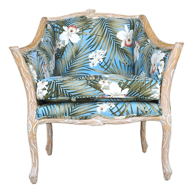 Late 20th Century–Early 21st Century Branch-Form Carved Wood Bergère Armchair With Tropical Upholstery For Sale