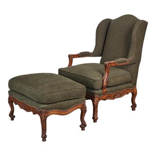 French Regence Style Carved Walnut Fauteuil Arm Chair& Ottoman For Sale