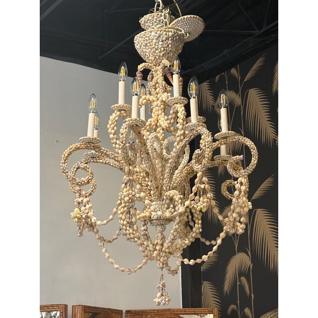 1980s Vintage Coastal Shell Seashell Encrusted Coastal Palm Beach 12 Light Chandelier For Sale - Image 5 of 12