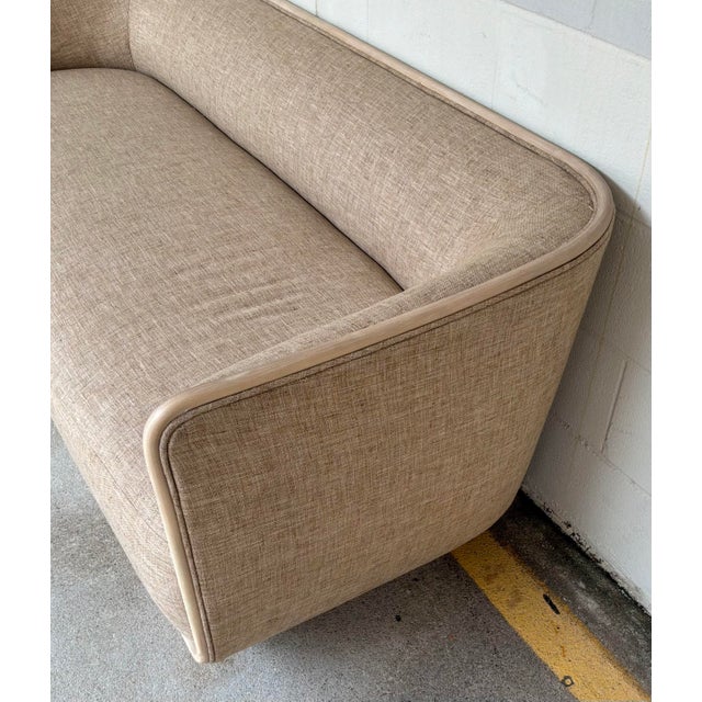 Original retail $12,885, stylish Barbara Barry for Baker / McGuire Encircle Sofa, stacked rattan base, straw lien fabric,...