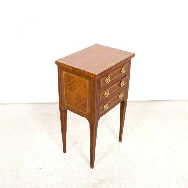 French 19th Century French Louis XVI Style Petite Walnut Commode or Side Table With Marquetry For Sale - Image 3 of 12
