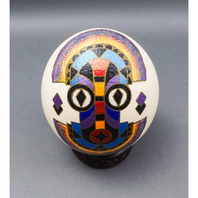 Mid-Century Modern Vintage Misha Zambia Hand Painted Barotse Water Spirit Mask Ostrich Egg & Stand For Sale - Image 3 of 9