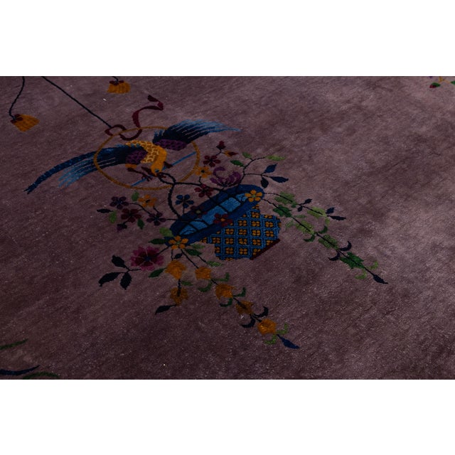 Textile Antique Chinese Art Deco Rug Plum Purple Wool Floral & Bird Motif 9x12 For Sale - Image 7 of 11