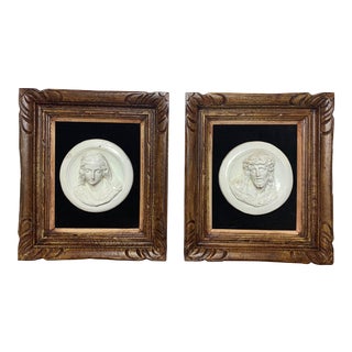 19th Century Glazed Chalkware Wall Mounting High Relief Bust Cameos - a Pair For Sale