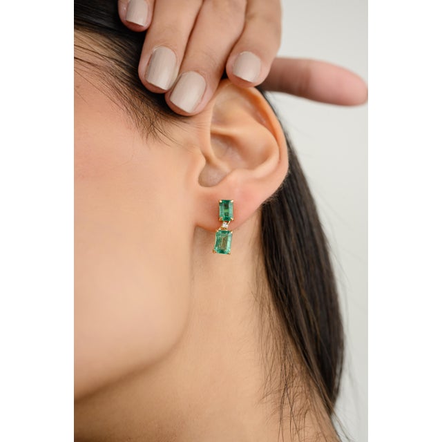 4.06 Ctw Octagon Cut Emerald Diamond Dangle Earrings - a Pair For Sale - Image 4 of 11