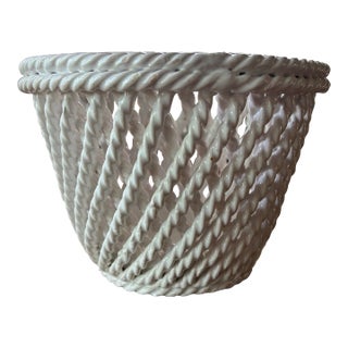 Vintage Italian Handmade Small Rope Twist Basketweave Ceramic Cachepot/Planter, Blanc De Chine. For Sale