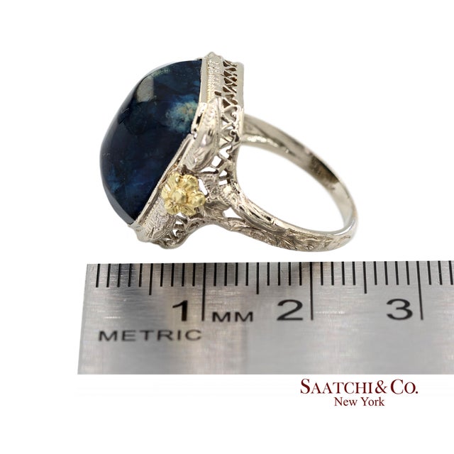 14k Two Tone Yellow and White Gold Blue Stone Ornate Floral Motif Ring, Size 5.25 For Sale - Image 12 of 13
