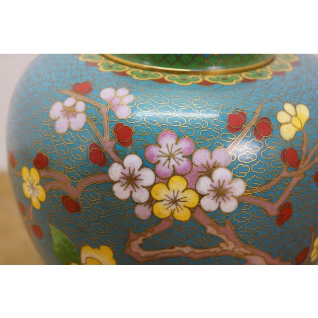 Antique Chinese Brass Cloisonne Enamel Cherry Blossom Ginger Jar Vase Urn 7" For Sale - Image 12 of 16
