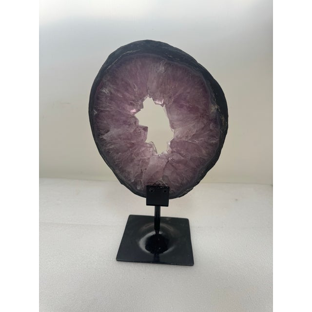 15th Century & Earlier 15th Century & Earlier Slice of Natural Amethyst Geode From Brazil on a Custom Black Metal Stand For Sale - Image 5 of 12