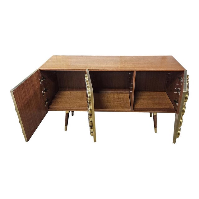 Wood 3-Door Sideboard in Brass and Glass, 1980s For Sale - Image 7 of 8