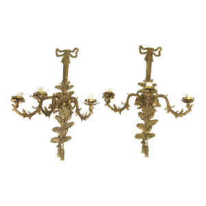 Mid 20th Century Large Bronze Louis XVI Style Wall Sconce Pair With Bow Tassels