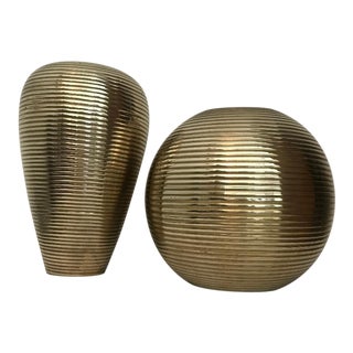 Vintage Art Deco Style Solid Brass Beehive Style Vases - a Pair For Sale