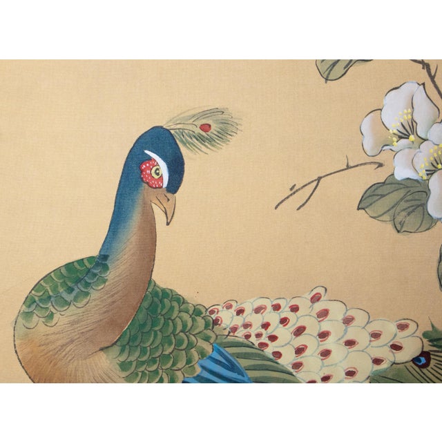 Circa 1970s Chinoiserie Style Painted Silk Screen "Peacock and Magnolia" For Sale - Image 12 of 18
