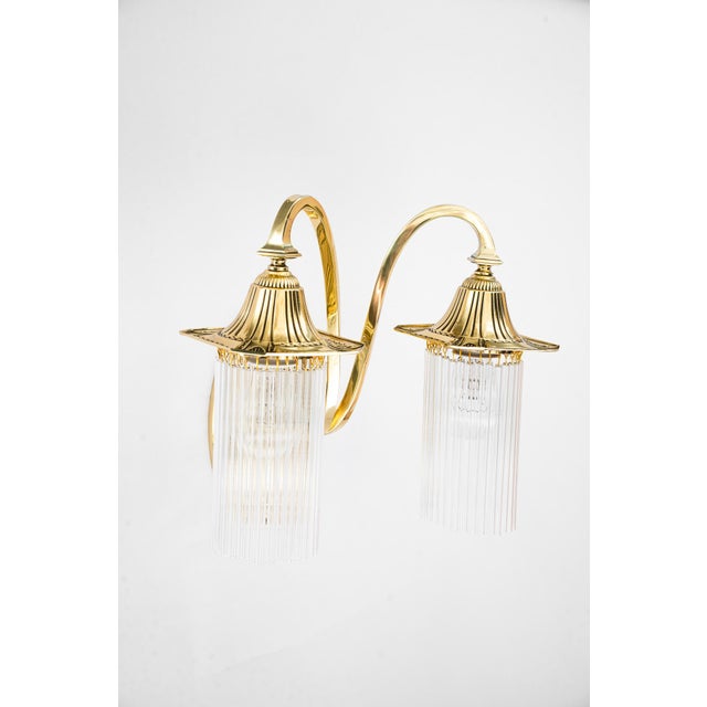 1920s Art Deco Double Light Brass Wall Lamps with Glass Sticks, Vienna, Austria, 1920s, Set of 2 For Sale - Image 5 of 18
