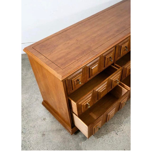 Stanley Furniture Mid Century Modern Credenza Server Buffet Stanley Oak 9 Drawers Cabinet 1970s For Sale - Image 4 of 11