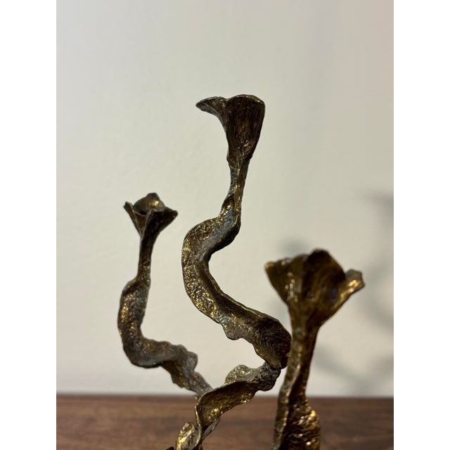 Vintage Brutalist Candelabra by Menachem Berman, Israel, Bronze and Walnut For Sale - Image 4 of 7