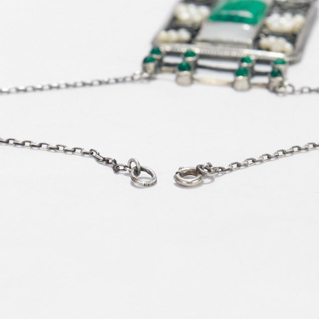 Antique Theodor Fahrner Sterling Silver, Malachite, & Pearl Jugendstil Necklace For Sale - Image 16 of 17
