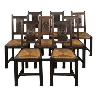 Straw-Seated Chairs with a Backrest Carved with a Rosette, 1920s, Set of 8 For Sale