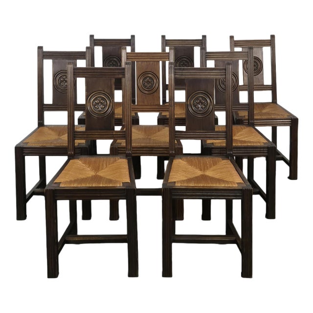 Straw-Seated Chairs with a Backrest Carved with a Rosette, 1920s, Set of 8 For Sale