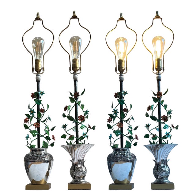 Vintage Tole Floral Topiary Silver Plate Cache Pot Table Lamp - A Pair For Sale - Image 12 of 18