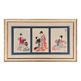 Toyohara Yōshū Chikanobu, Kimono Changing CeremonyTriptych, 1895, Glass, Wood and Paper For Sale