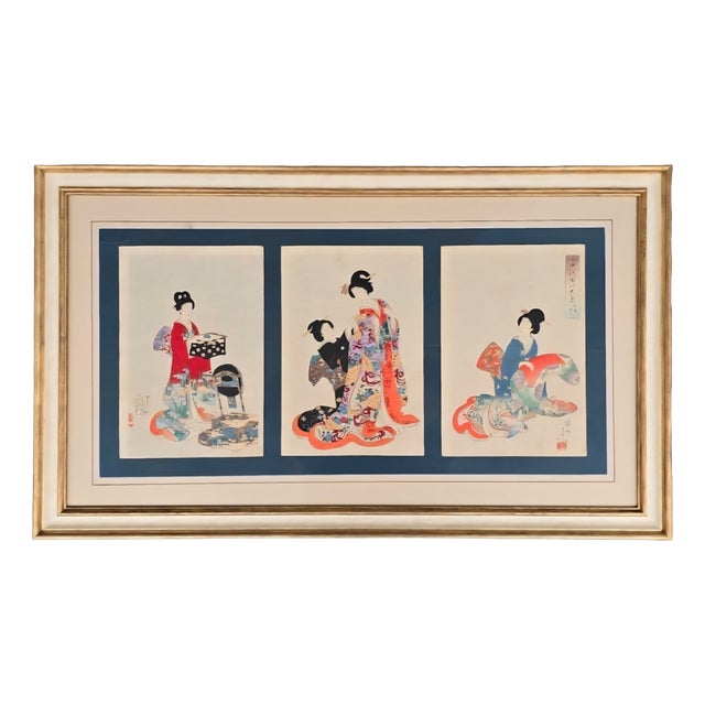 Toyohara Yōshū Chikanobu, Kimono Changing CeremonyTriptych, 1895, Glass, Wood and Paper For Sale