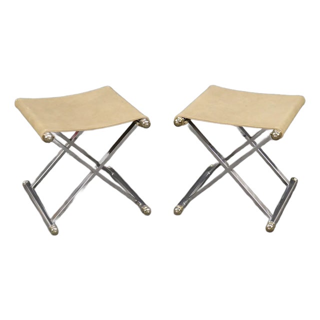 Steel and Brass Leather Upholstered X Form Jansen Style Stool For Sale