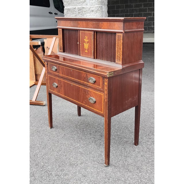 Antique American Federal Style Inlaid Mahogany Ladies Tambour Writing Desk ~ Butlers Desk, 1930s For Sale - Image 4 of 13