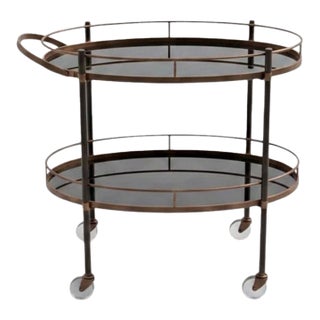 Vintage Hollywood Regency Style Brass & Glass Bar Cart – Two Tier Oval With Casters For Sale