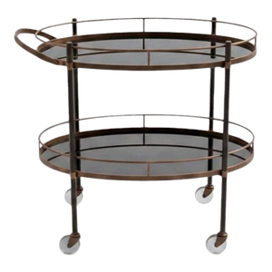Vintage Hollywood Regency Style Brass & Glass Bar Cart – Two Tier Oval With Casters