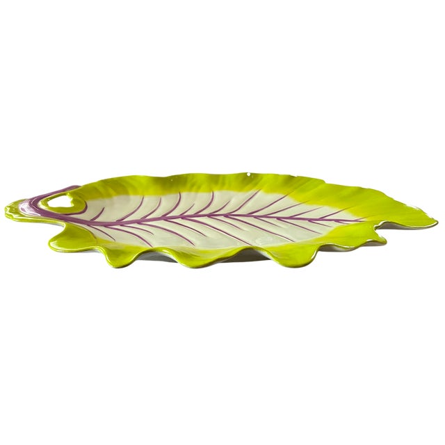 Global Views Vintage Williamsburg Global Views Majolica Radicchio-Inspired Cabbage Leaf Platter in Chartreuse & Violet For Sale - Image 4 of 9