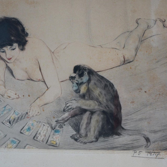 Antique French PE Felix Colored Lithograph of a Nude Playing Cards with a Monkey For Sale - Image 4 of 9