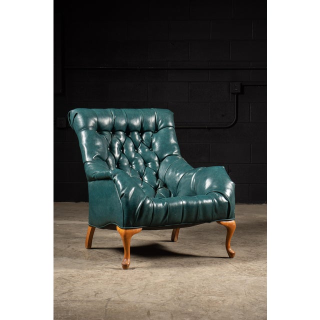 Traditional Vintage Tufted Armchair and Ottoman Set in Teal For Sale - Image 3 of 10