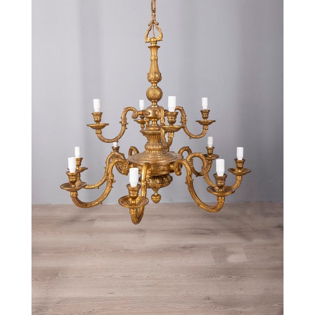 20th Century Classic Twelve-Light Gilded Bronze Chandelier, 1950s For Sale - Image 4 of 16