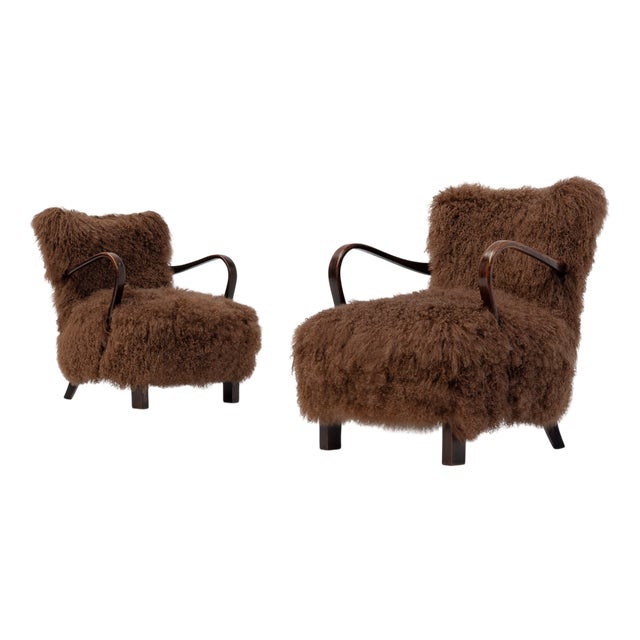 Art Deco Scandinavian Armchairs in Curly Caramel Brown Mongolian Sheepskin, 1950s, Set of 2 For Sale