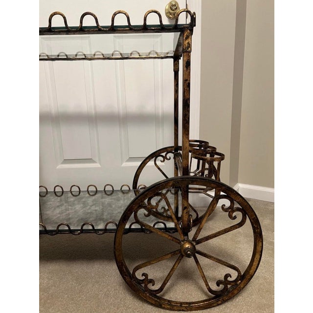 Vintage Hollywood Regency Neoclassical Gilt Rolling Iron Glass Bar Cart Trolley For Sale - Image 10 of 12